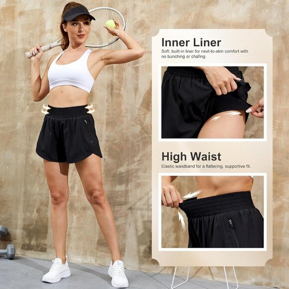 Women's Athletic Workout Shorts High Waisted Elastic Running Shorts with Pockets - Picture 4 of 5